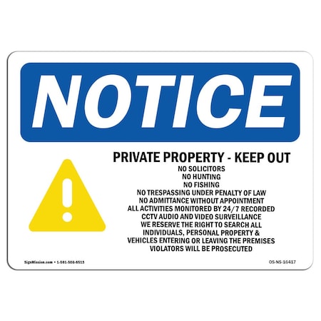 Signmission Sign, 10" H, 14" W, Rigid Plastic, NOTICE Private Property Keep Out No Solicitors Sign, Landscape OS-NS-P-1014-L-16417